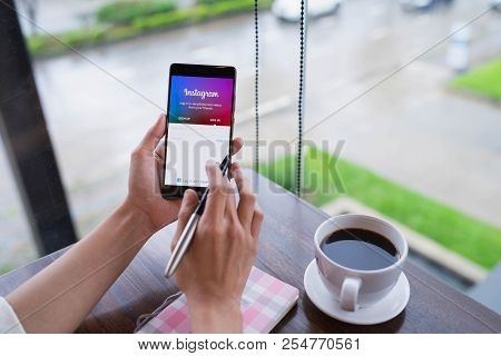 Chiang Mai, Thailand - August 18,2018: Woman Hands Holding Huawei With Instagram Application On The