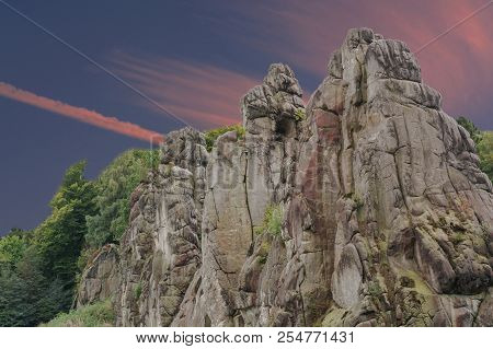 The Externsteine, Striking Sandstone Rock Formation In The Teutoburg Forest, Germany, North Rhine We