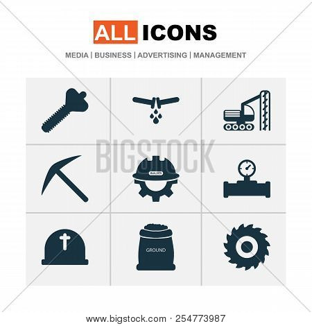 Industry Icons Set With Bolt, Drilling Machine, Pipe With Sensor And Other Rig Vehicle Elements. Iso