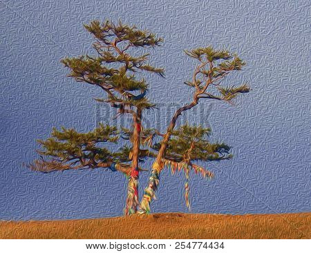 Lonely Shamanic Pine With Colorful Ribbons Hadak On Sky Background. Sacred Tree For Worship, Island 