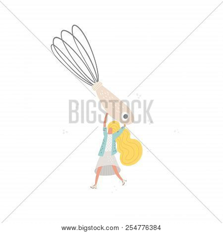 Woman Character With The Wire Whisk. Cooking Vector Illustration.