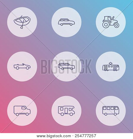 Transit Icons Line Style Set With Tractor, City Car, Campervan And Other Train Elements. Isolated Ve
