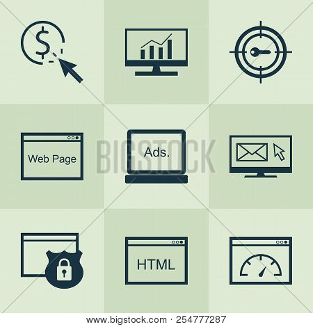 Seo Icons Set With Html Code, Pay Per Click, Website Protection And Other Loading Speed Elements. Is