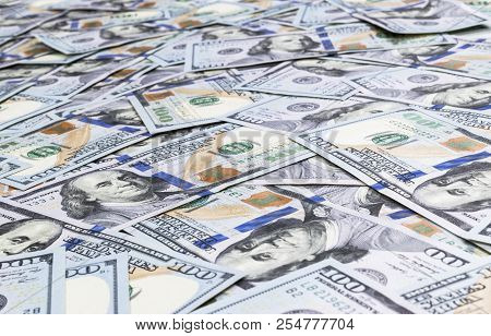 Stack Of One Hundred Dollar Bills. Stack Of Cash Money In Hundred Dollar Banknotes. Heap Of Hundred 