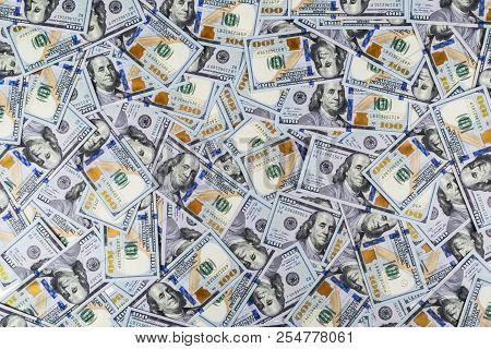 Stack Of One Hundred Dollar Bills. Stack Of Cash Money In Hundred Dollar Banknotes. Heap Of Hundred 