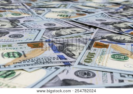 Stack Of One Hundred Dollar Bills. Stack Of Cash Money In Hundred Dollar Banknotes. Heap Of Hundred 