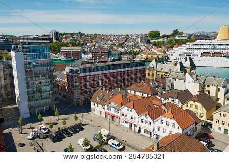 Stavanger, Norway - June 04, 2010: Aerial View To The  Stavanger City Historical Buildings And Harbo