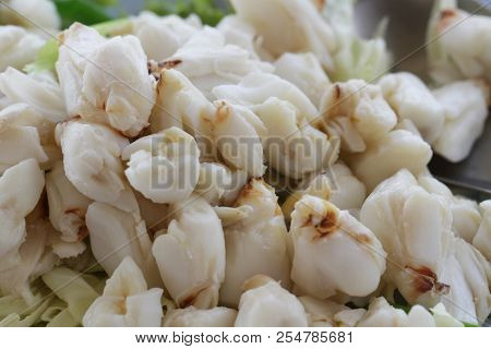 Full Plate Of Fresh Crab Meat Of Boiled Stone Crab Decorated With Vegetable Side Dish, Cheliped Of T