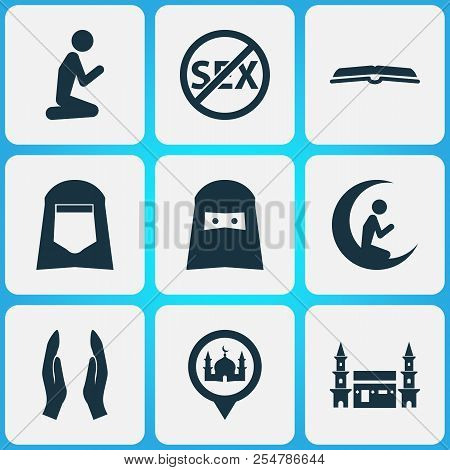 Holiday Icons Set With Shawl, Scripture, Prayer And Other Man Elements. Isolated  Illustration Holid