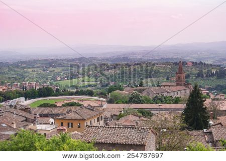 Part Of Old City With Storical Constructions And Little Church And Hills From The Top Of Perugia