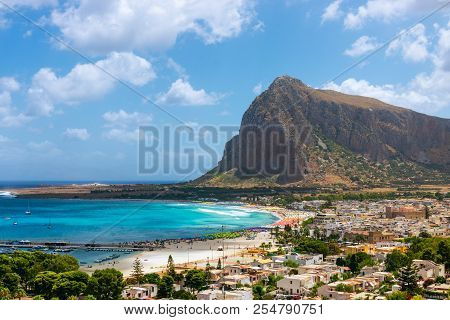 Beautifu Panoramic View Of The Italian Town And Emerald Lagoon San Vito Lo Capo, Sicily