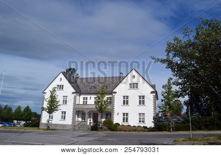 Typical small town in Southern Norway.Administrative building. June 19,2018. Rakkestad, Ostfold Region. Norway