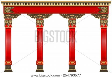 Eastern Chinese Arch. Carved Red Gold Columns