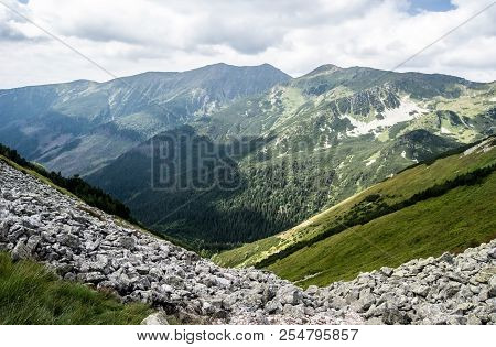 Western Tatras Mountains With Partly Rocky Peaks (baranec, Smrek And Others), Stones, Meadows And Bl