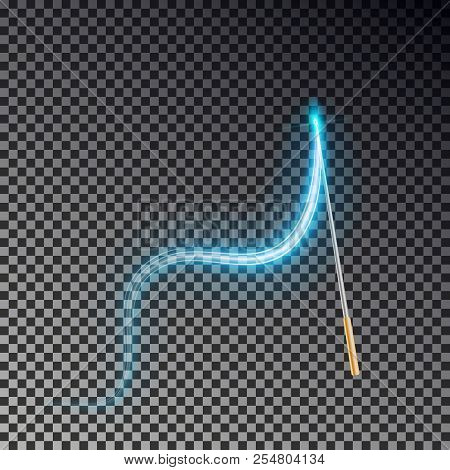 Magic Wand Vector. Transparent Miracle Stick With Light Tail Isolated On Dark Background. Wizards Ma