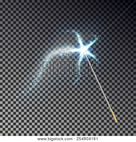 Magic Wand With Star Vector. Transparent Miracle Stick With Light Tail Isolated On Dark Background. 