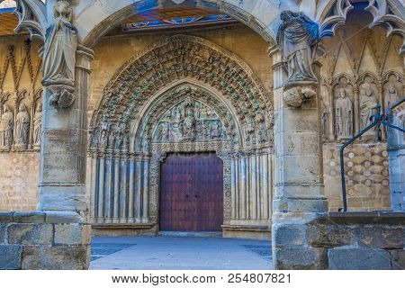 Entrance To Saint Mary The Real Church With Its Portico Decoration, Villa Of Olite. Navarre Spain