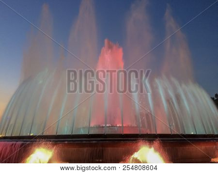 Colorful Fountain, Musical Show Of A Colorful Fountain In Barcelona