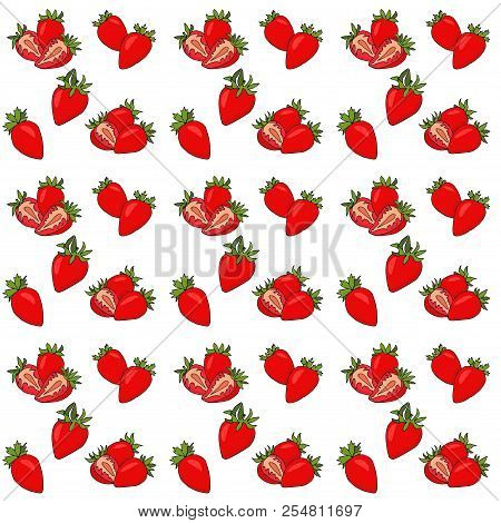 Seamless Pattern With Isolated Hand Drawn Red Strawberry. Raster Illustrarion With Berries And Straw
