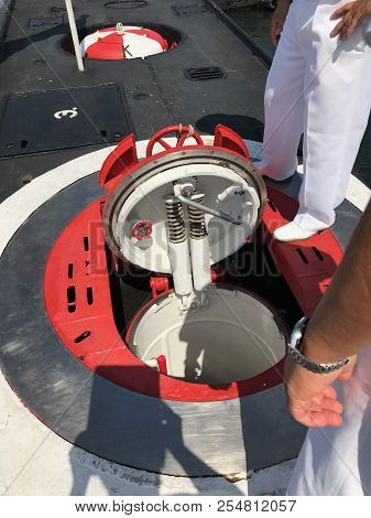 External Hatch Door On Submarine Deck, Closeup View.
