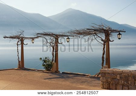 Winter Mediterranean Landscape With Street Lights. Montenegro, Bay Of Kotor ( Adriatic Sea ), Embank