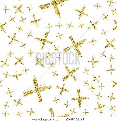 Modern Seamless Pattern With Brush Shiny Cross. Gold Metallic Color On White Background. Golden Glit