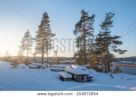 View At Hoga Kusten Bridge In Winter In Sweden. Hoga Kusten Suspension Bridge In Sweden. Tourist Ben