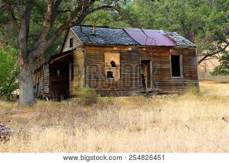 Abandoned Wooden House Surrounded By Trees On A Grassy Plain Taken In The Historic Gold Mining Ghost