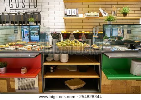 ROME, ITALY - CIRCA NOVEMBER, 2017: interior shot of Gusto Restaurant in Fiumicino International Airport 