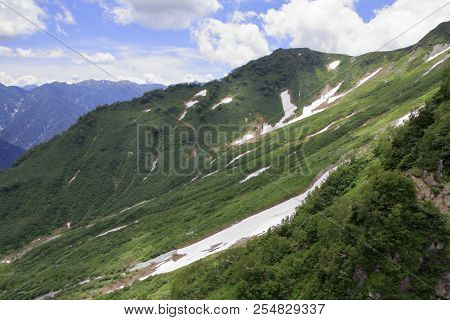 Tateyama Mountain Range With Snow In Summer In Toyama, Japan