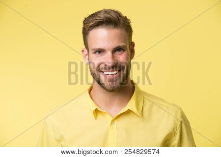 Brilliant Smile. Man Smiling Face Posing Confidently Yellow Background. Man Shop Consultant Looks Ch