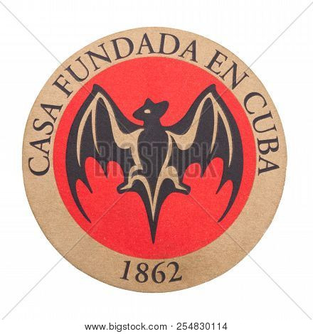 London, Uk - August 22, 2018: Bacardi Rum Vintage Paper Mat Coaster Isolated On White Background.