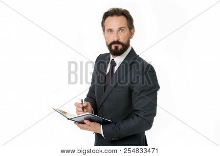 Businessman Planning Schedule Hold Notepad. Time Management And Organizing Skill. Man Bearded Manage