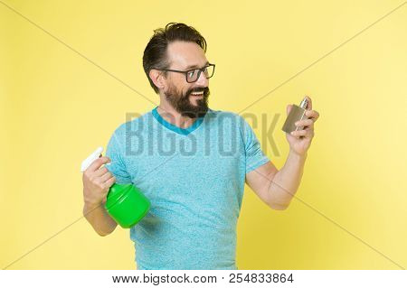 Right Perfume Fragrance Makes You Feel Fresh. Man Bearded Handsome Smiling Face Hold Bottle Perfume 