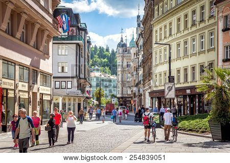 Karlovy Vary, Czech Republic - May 26, 2017: Tourists Walking Along Trziste Pedestrian Street