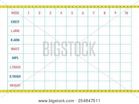 Body measurement tracking chart layout. Blank weight loss chart. Chest, waist, hips, arms, thighs me