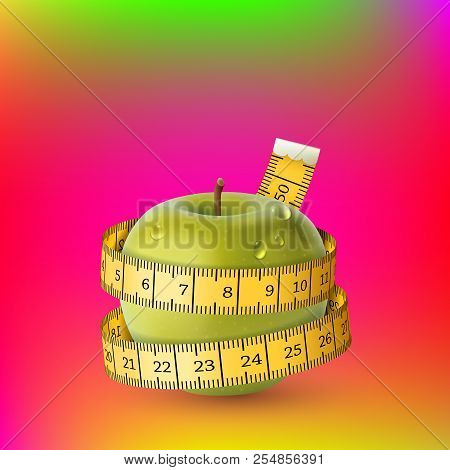 Vector Illustration Of Yellow Apple With Green Measuring Tape On Vibrant Gradient Bckground As Conce