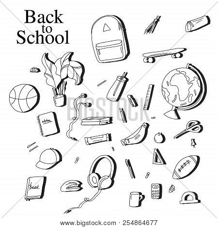 Back To School Sketch Elements. Black White Education Equipment: Pen, Notebook, Calculator Vector Il