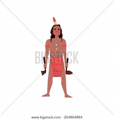 American Indian Man Character In Traditional National Clothes Standing With Tomahawk Vector Illustra