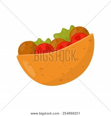 Falafel In Pita, Meatball Salad In Bread, Traditional Jewish Food Vector Illustration On A White Bac