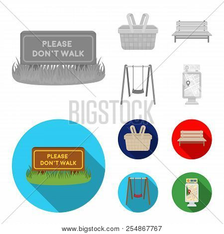 Lawn With A Sign, A Basket With Food, A Bench, A Swing. Park Set Collection Icons In Monochrome, Fla