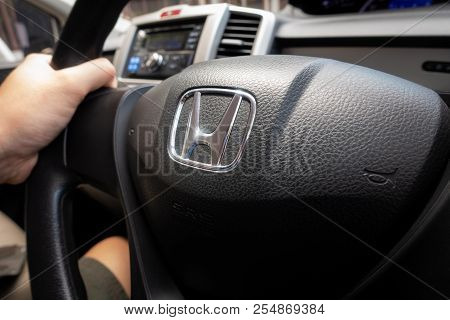 Bangkok, Thailand - July 4, 2018: Honda Freed Black Steering Wheel With Honda Logo.