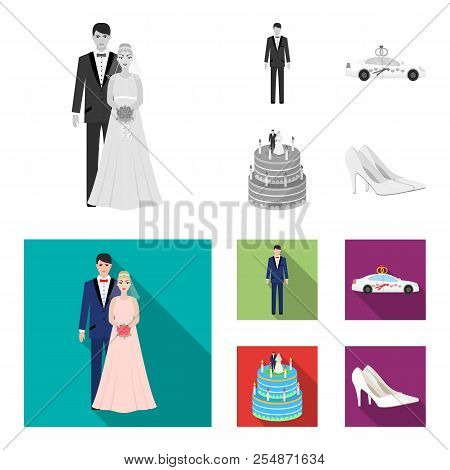 Wedding And Attributes Cartoon , Flat, Outline, Black Icons In Set Collection For Design.newlyweds A