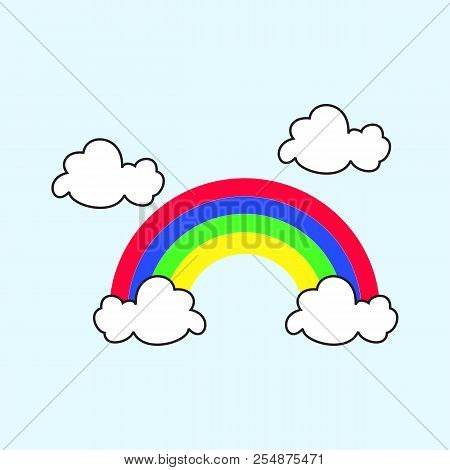 Rainbow, Realistic Rainbow With Clouds On A Blue Background.