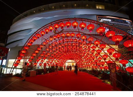 Bangkok, Thailand - February 09, 2017 - Colorful Red Chinese Lanterns Shine For New Year, Hanging Fo