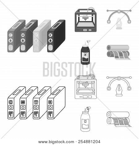 3d Printer, Newspaper Printer, Ink, Pen. Typography Set Collection Icons In Outline, Monochrome Styl
