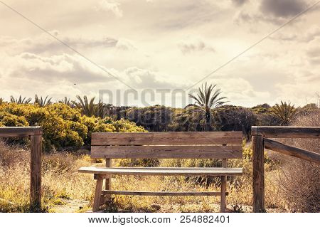 Rusty Wooden Bench In Countryside With A Fence And Vegetation In A Clouded Day In Guardamar Del Segu