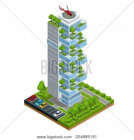 Modern Ecologic Skyscraper With Many Trees On Every Balcony. Ecology And Green Living In City, Urban