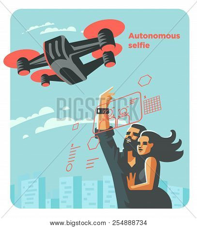 Man And Woman Do Selfie With Drone. Vector Illustration