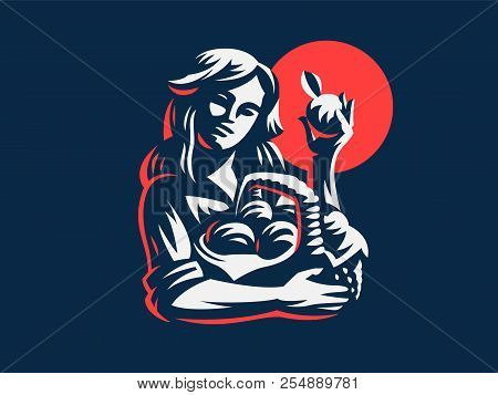 A Woman Farmer With A Basket Of Fruits. Vintage Vector Logo.